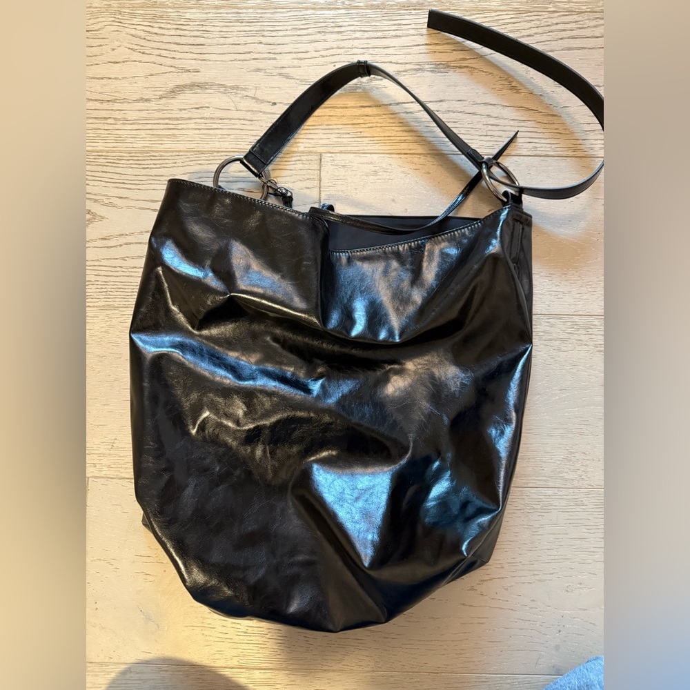NEW Zara Black Shoulder Bag with Glossy Finish